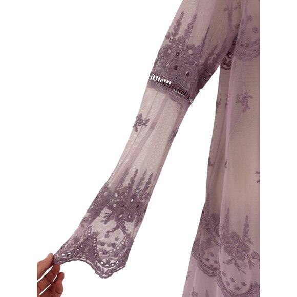 Purple Bohemian Sheer Embroidered Kimono Mesh Lace Duster Size L Festival Boho - Picture 2 of 6